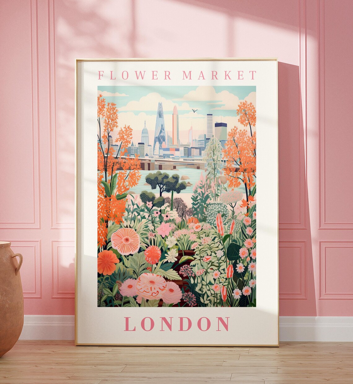 London Flower Market Thames Skyline Orange Blossom Travel Poster