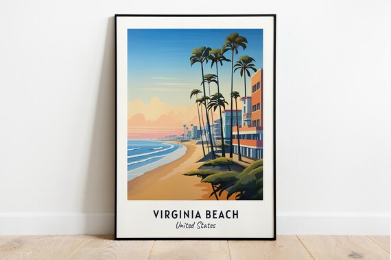Virginia Beach Palm Trees Sunrise Sandy Shore Ocean Boardwalk Poster