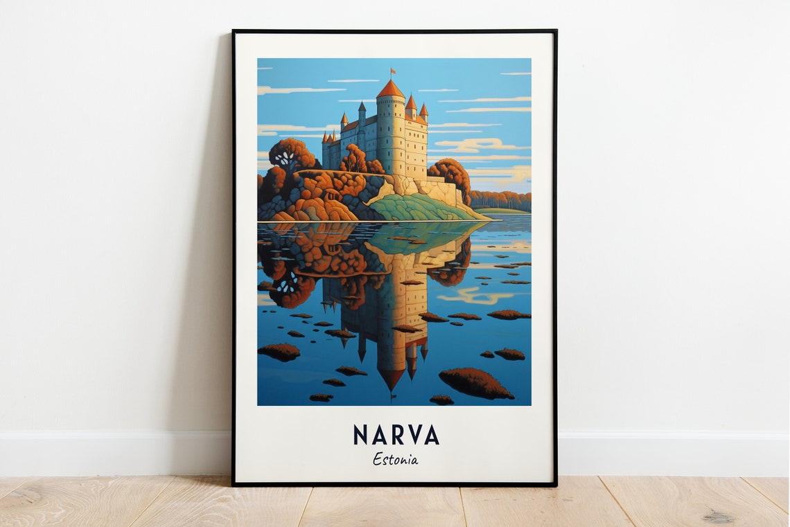 Narva Estonia Riverside Fortress Reflection Art Travel Poster