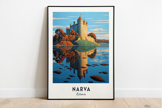 Narva Estonia Riverside Fortress Reflection Art Travel Poster