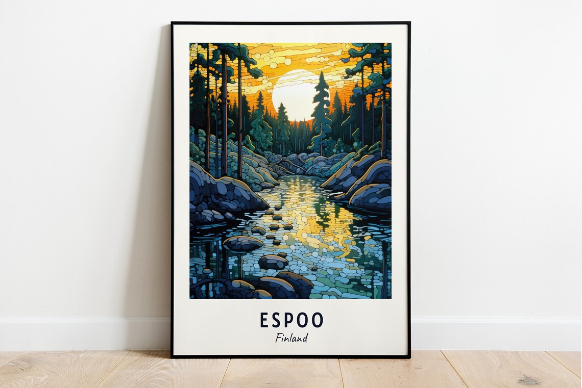 Espoo Finland Sunset Forest Stream Golden Nature Art Travel Poster