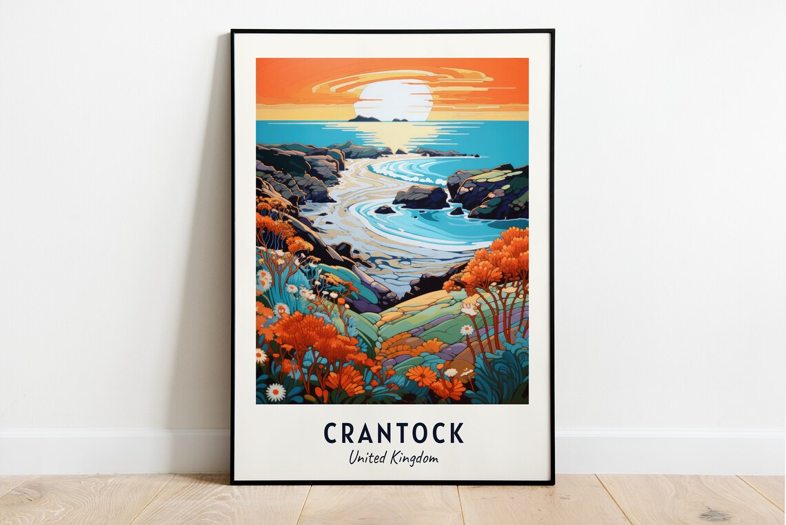 Crantock United Kingdom Sunset Rocky Coastline Travel Poster