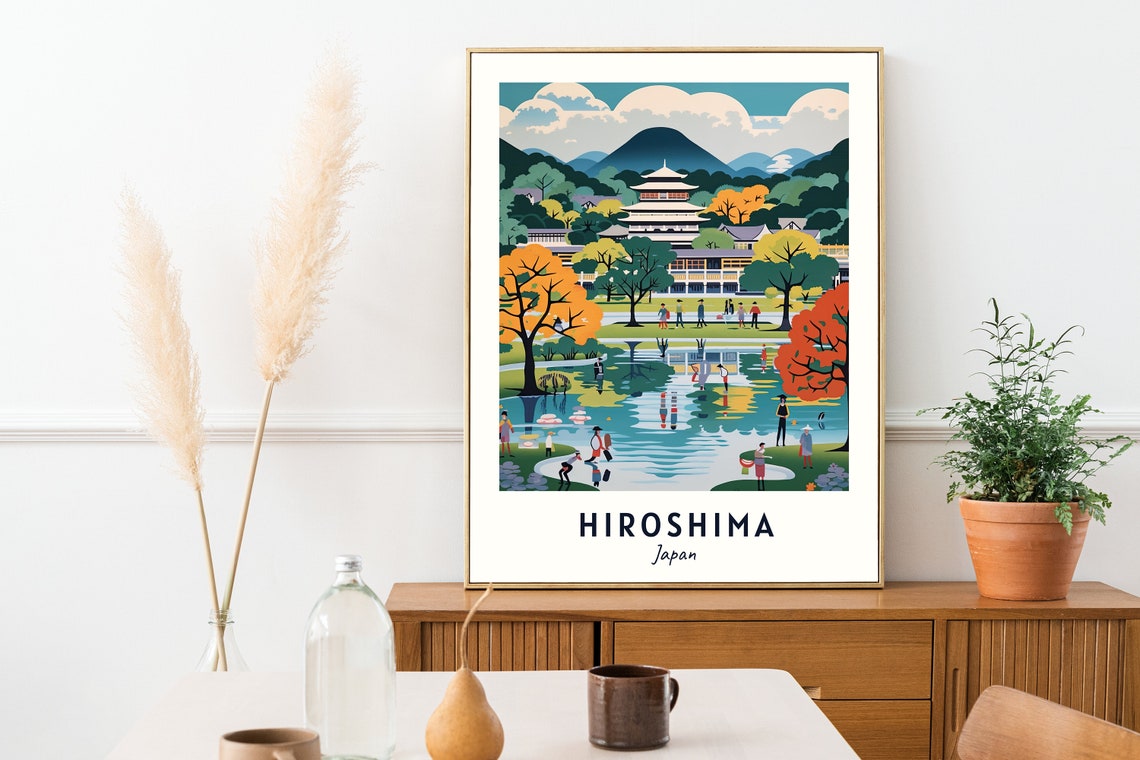 Historic Pagoda and Reflective Pond in Hiroshima Japan Travel Poster - Image 2