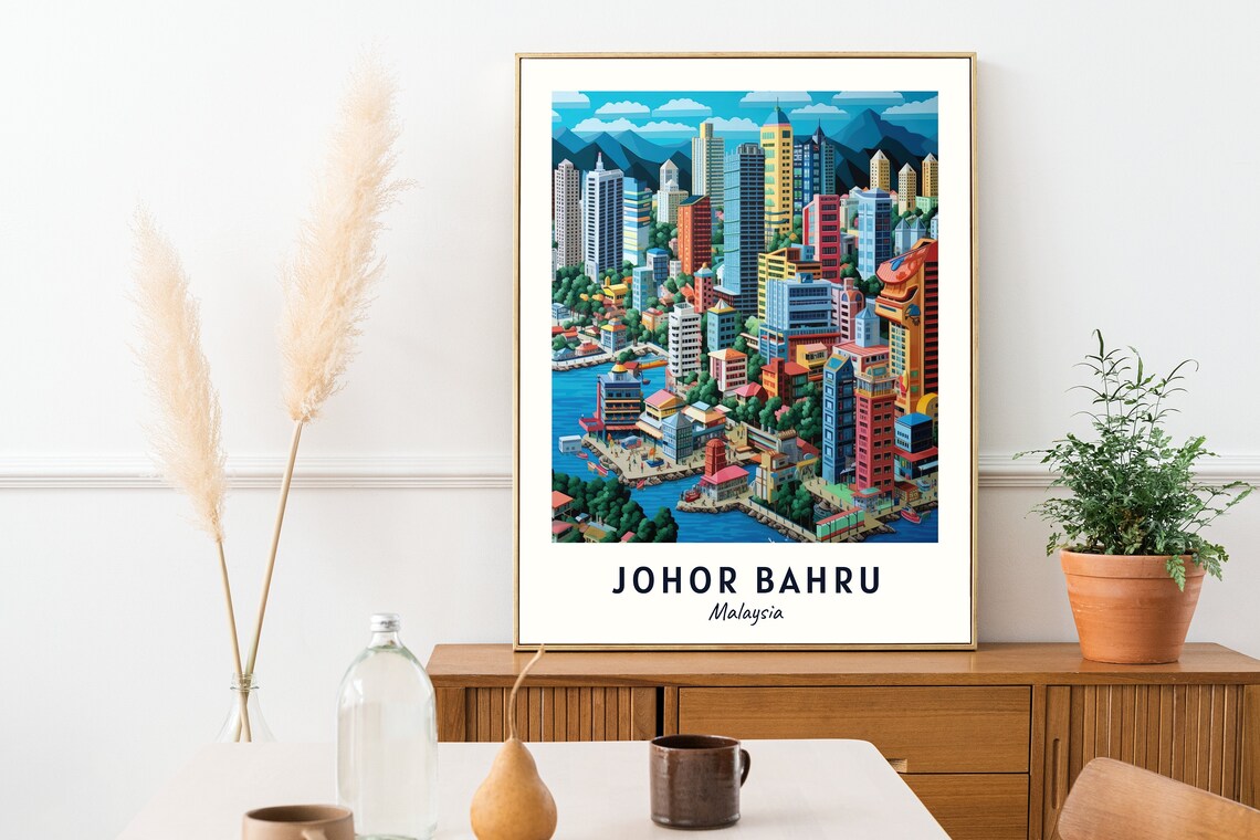 Johor Bahru Malaysia Colorful Cityscape Harbor Travel Poster - Image 2
