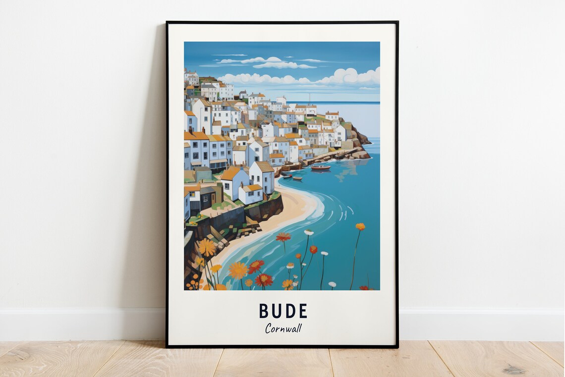 Bude Cornwall White Cottages And Boats By The Sea Travel Poster