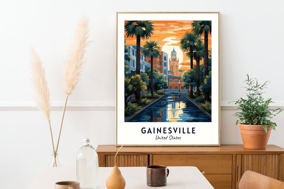 Gainesville United States Palm Canal Sunset With Clock Tower Poster - Image 2