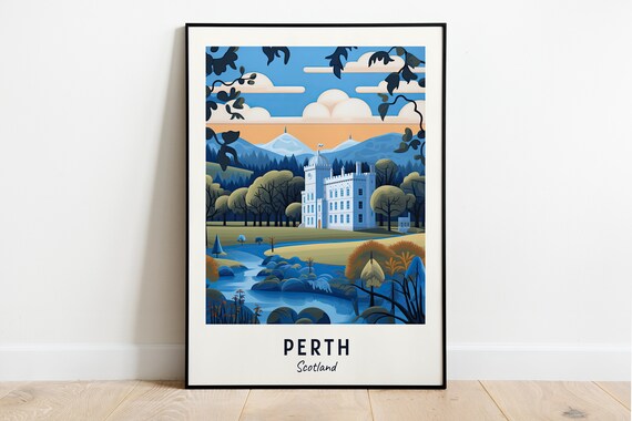 Perth Scotland Castle Palace Twilight Lake Illustrated Travel Poster