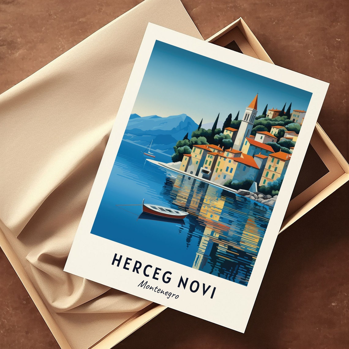 Herceg Novi Montenegro Coastal Town Rowboat View Travel Poster - Image 3