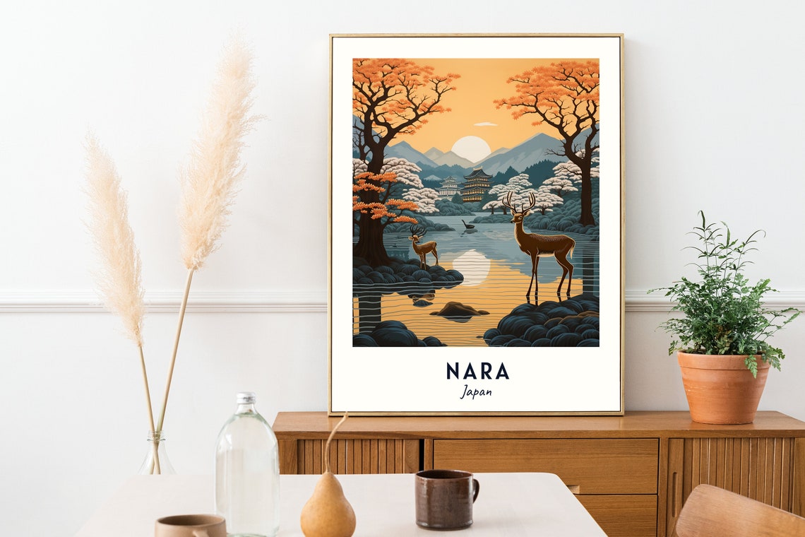 Nara Japan Sacred Deer Sunset Temple Lake Autumn Tranquil Poster - Image 2