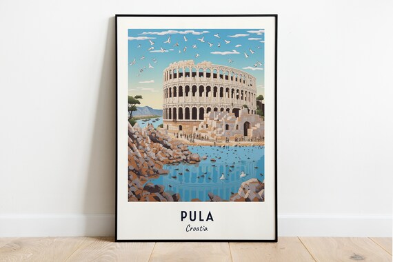 Pula Croatia Roman Amphitheater Arena By The Sea Seagulls Travel Poster
