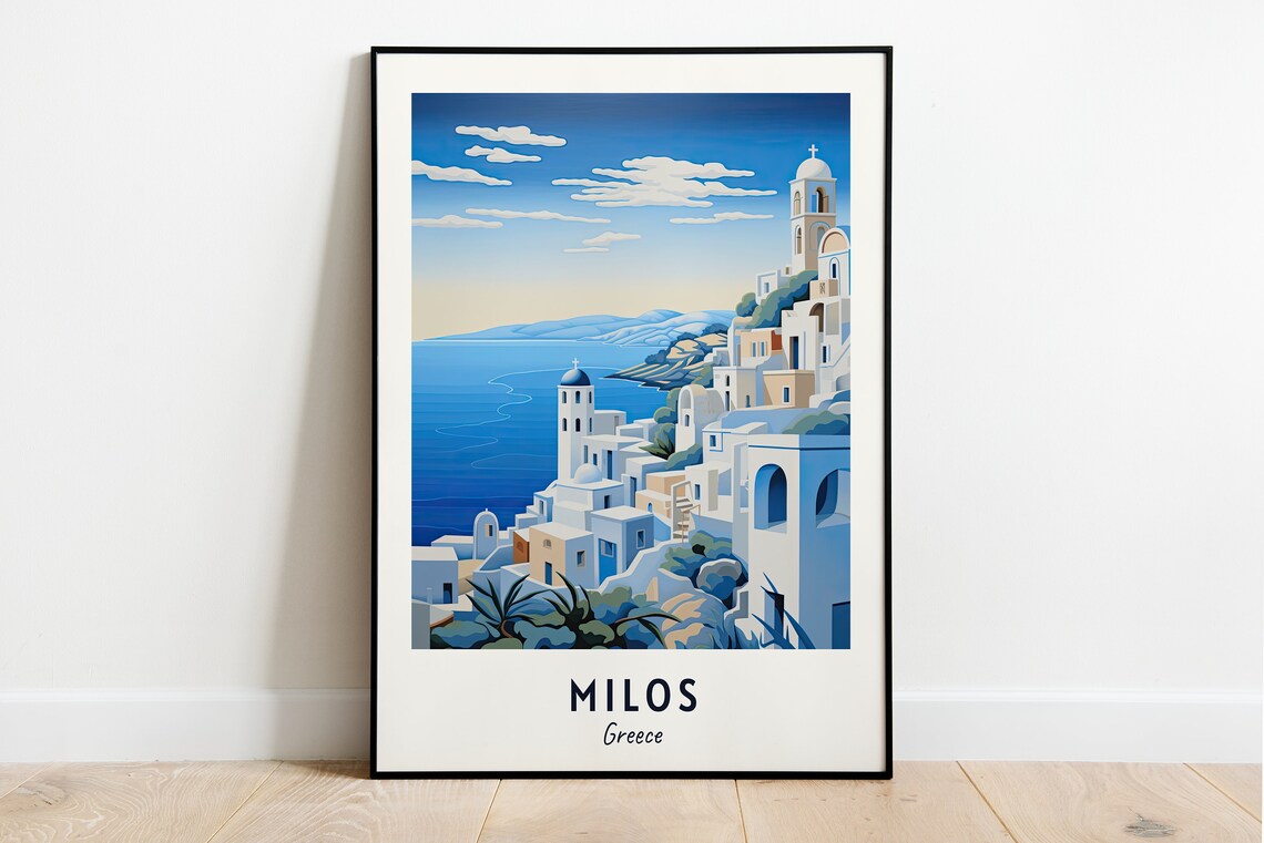 Milos Greece Cliffside White Village Bell Tower Sea Travel Poster