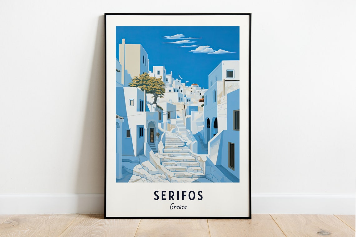 Serifos Greece Whitewashed Village Stone Steps Blue Sky Travel Poster