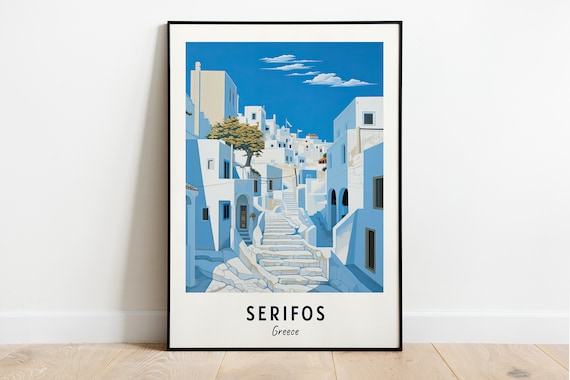 Serifos Greece Whitewashed Village Stone Steps Blue Sky Travel Poster