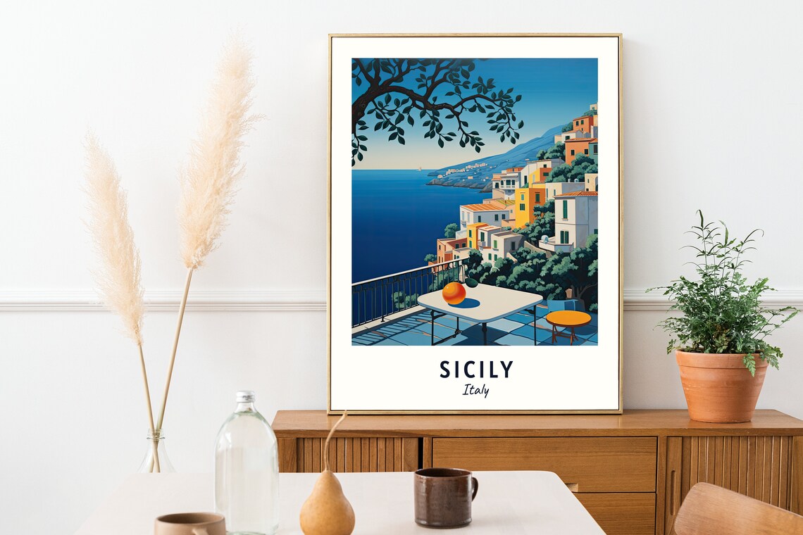 Sicily Italy Coastal Terrace Overlooks Hillside Town Sea Travel Poster - Image 2