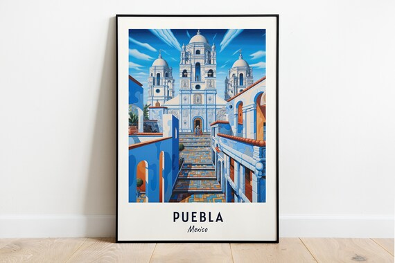 Puebla Cathedral Twin Bell Towers Historic Mexico Travel Poster