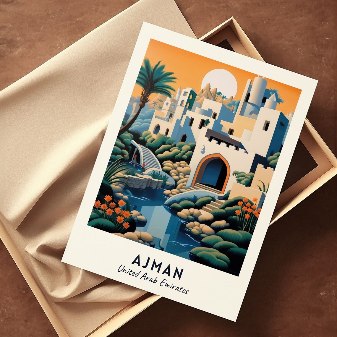 Ajman Fort White Citadel Sunset Palm Garden Pond Travel Poster - Image 3