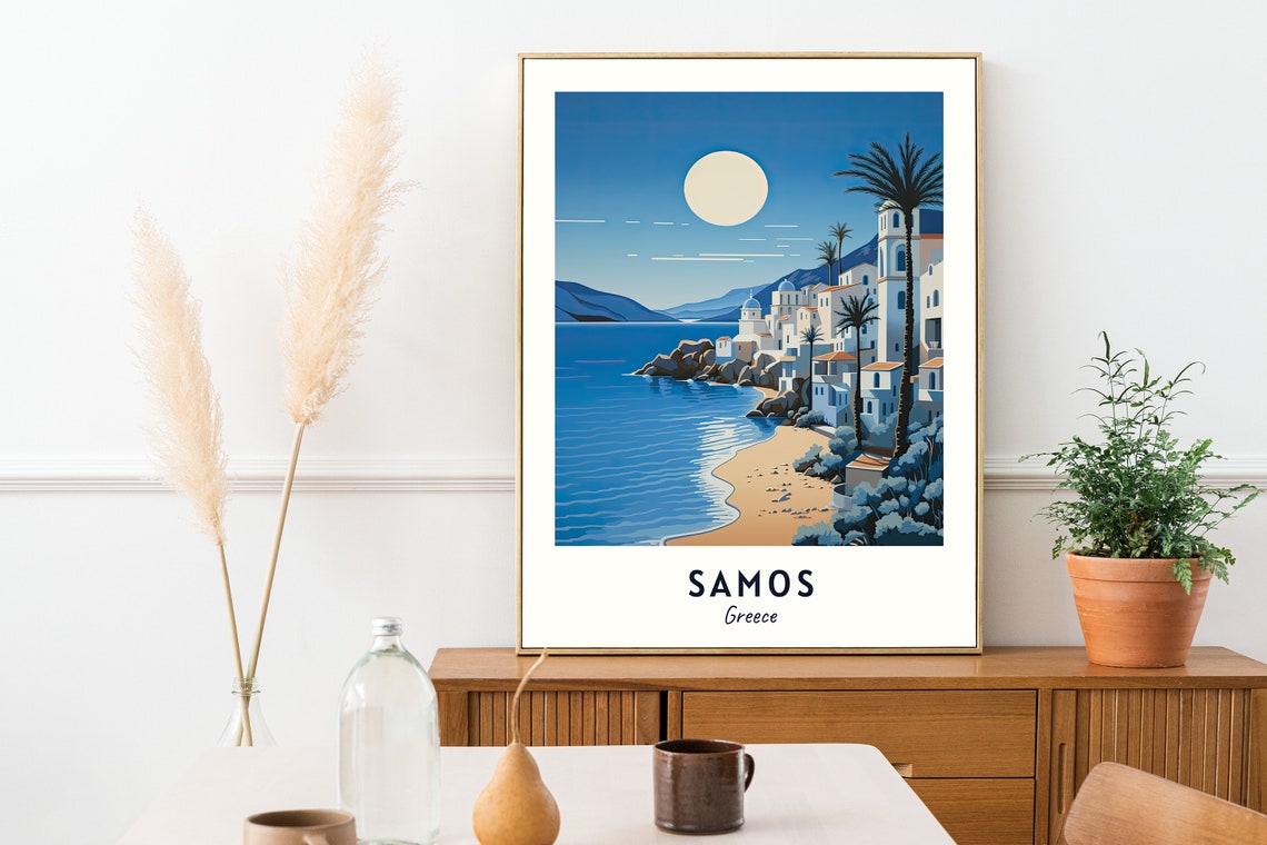 Samos Greece Moonlit Beach With Whitewashed Village Scene Poster - Image 2