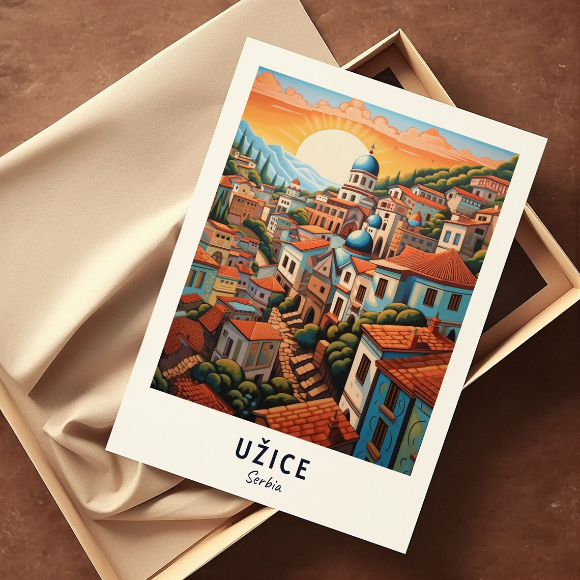 Uzice Old Town Sunrise over the Hills Serbia Vintage Travel Poster - Image 3