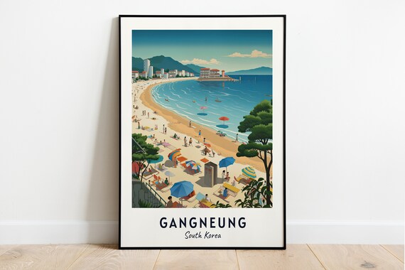 Gangneung South Korea Sunny Beach Umbrellas Retro Style Travel Poster