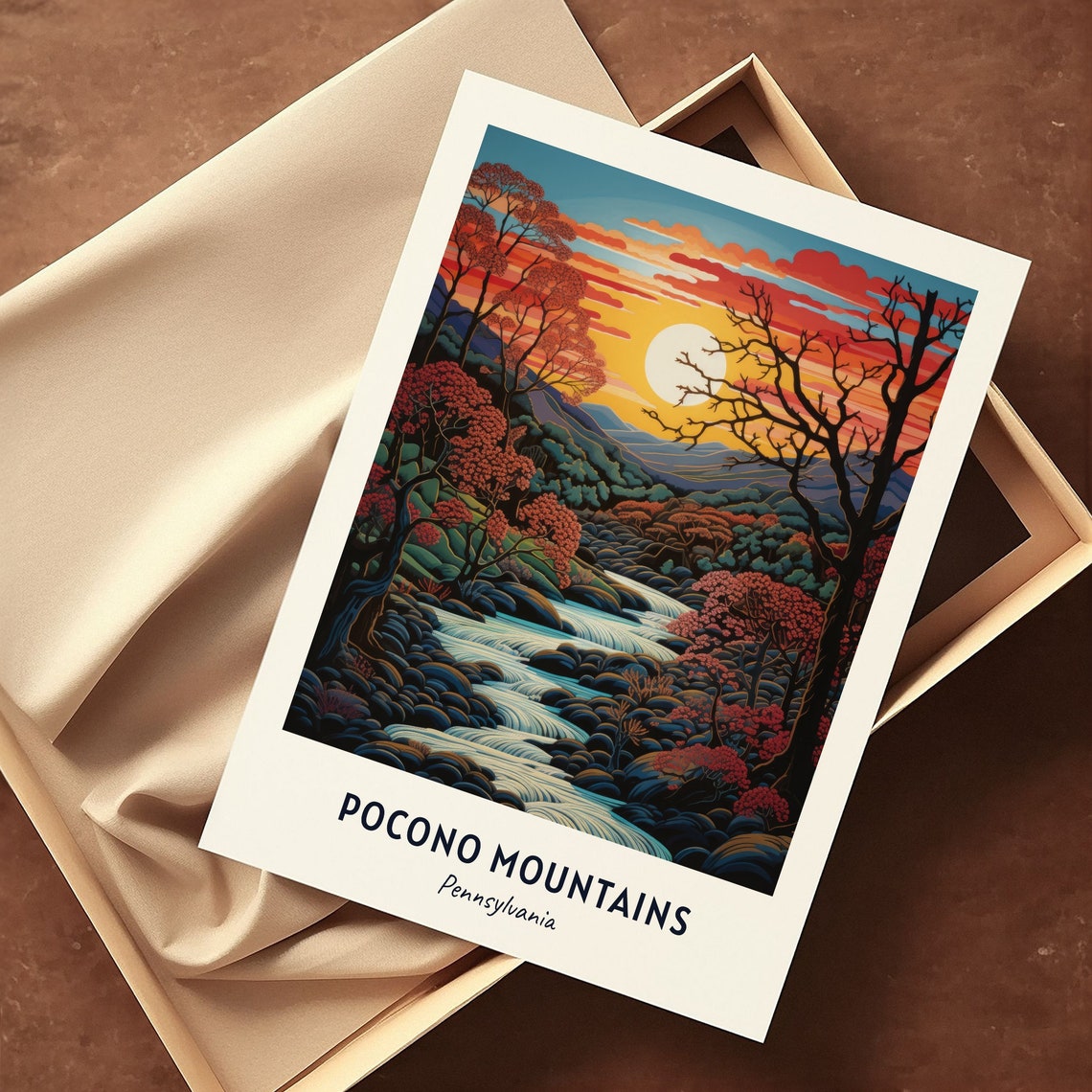 Pocono Mountains Pennsylvania Orange Sunset Valley Stream Scene Poster - Image 3