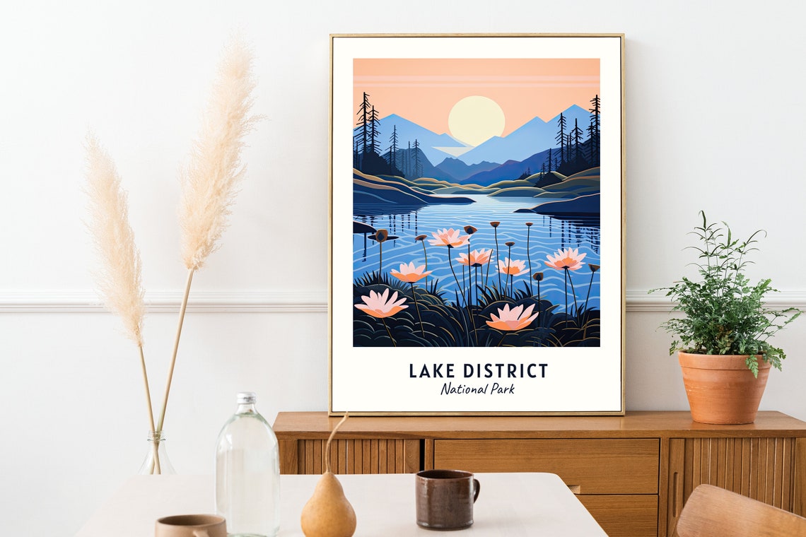 Lake District National Park Moonlit Lake Flowers Vintage Travel Poster - Image 2