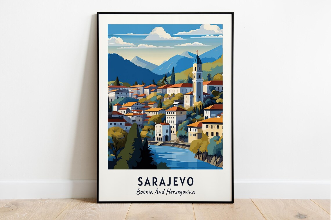 Sarajevo Bosnia Herzegovina Riverside Hillside Town Travel Poster