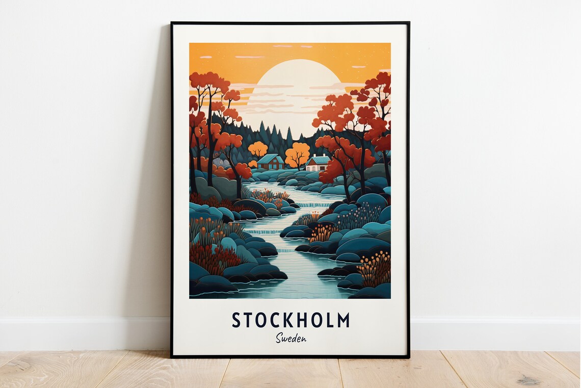 Stockholm Autumn River Cabins Golden Sunset Glow Travel Poster
