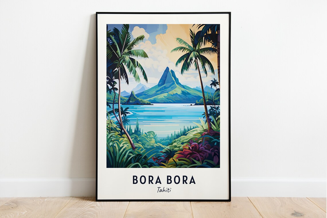 Bora Bora Tahiti Volcanic Peak Lagoon Palm Trees Travel Poster