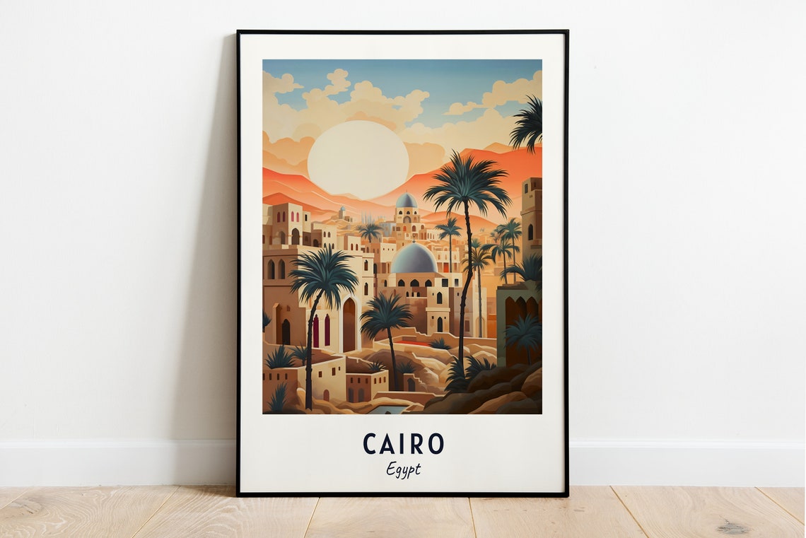 Cairo Desert Sunset Domes Minarets Palms Egypt Travel Poster