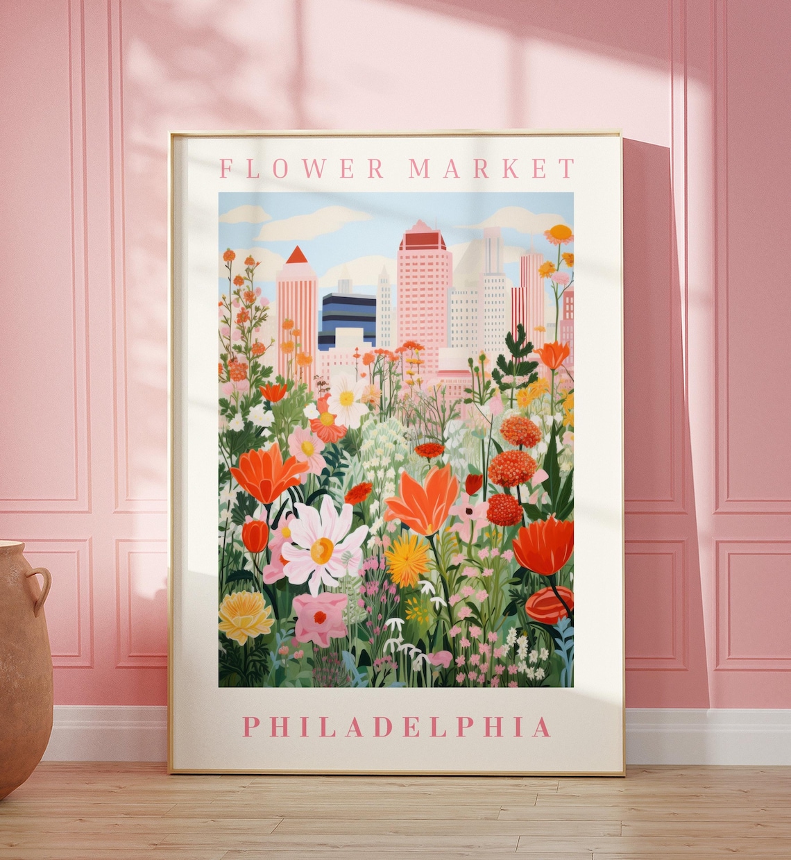 Philadelphia Flower Market Poster with Pink Skyline Tulip Art