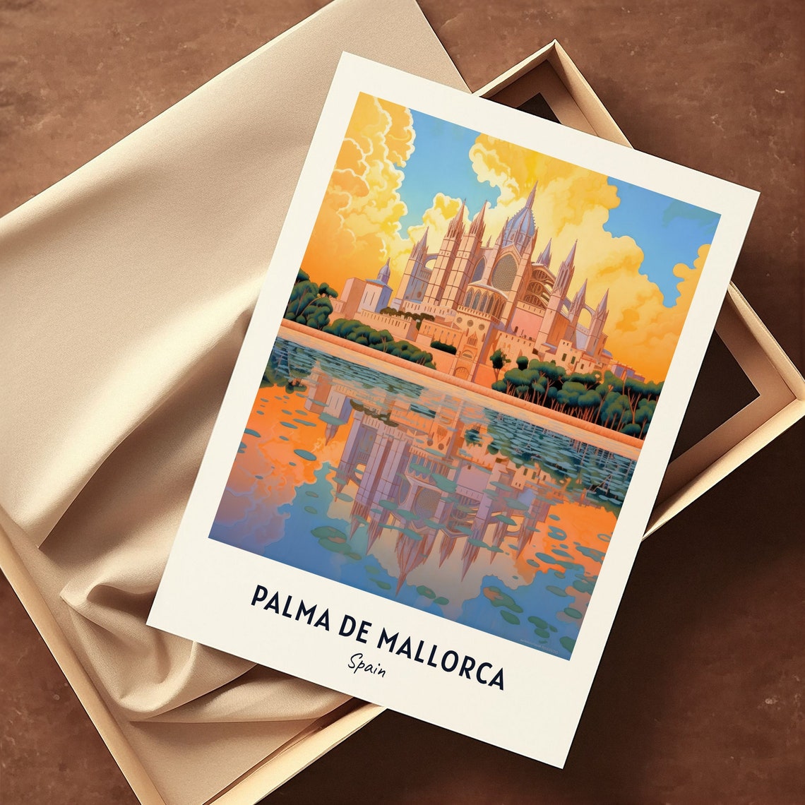 Palma De Mallorca Spain Cathedral Reflected In Sunset Water Poster - Image 3