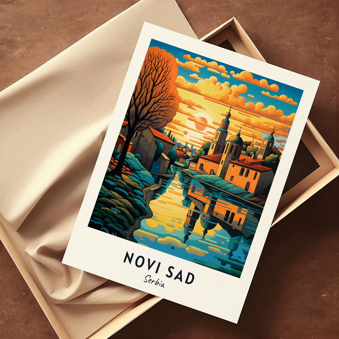 Novi Sad Riverside Churches Golden Sunset Reflection Travel Poster - Image 3