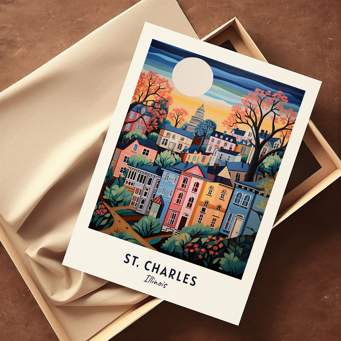 St Charles Illinois Colorful Sunset Neighborhood Moon Poster - Image 3