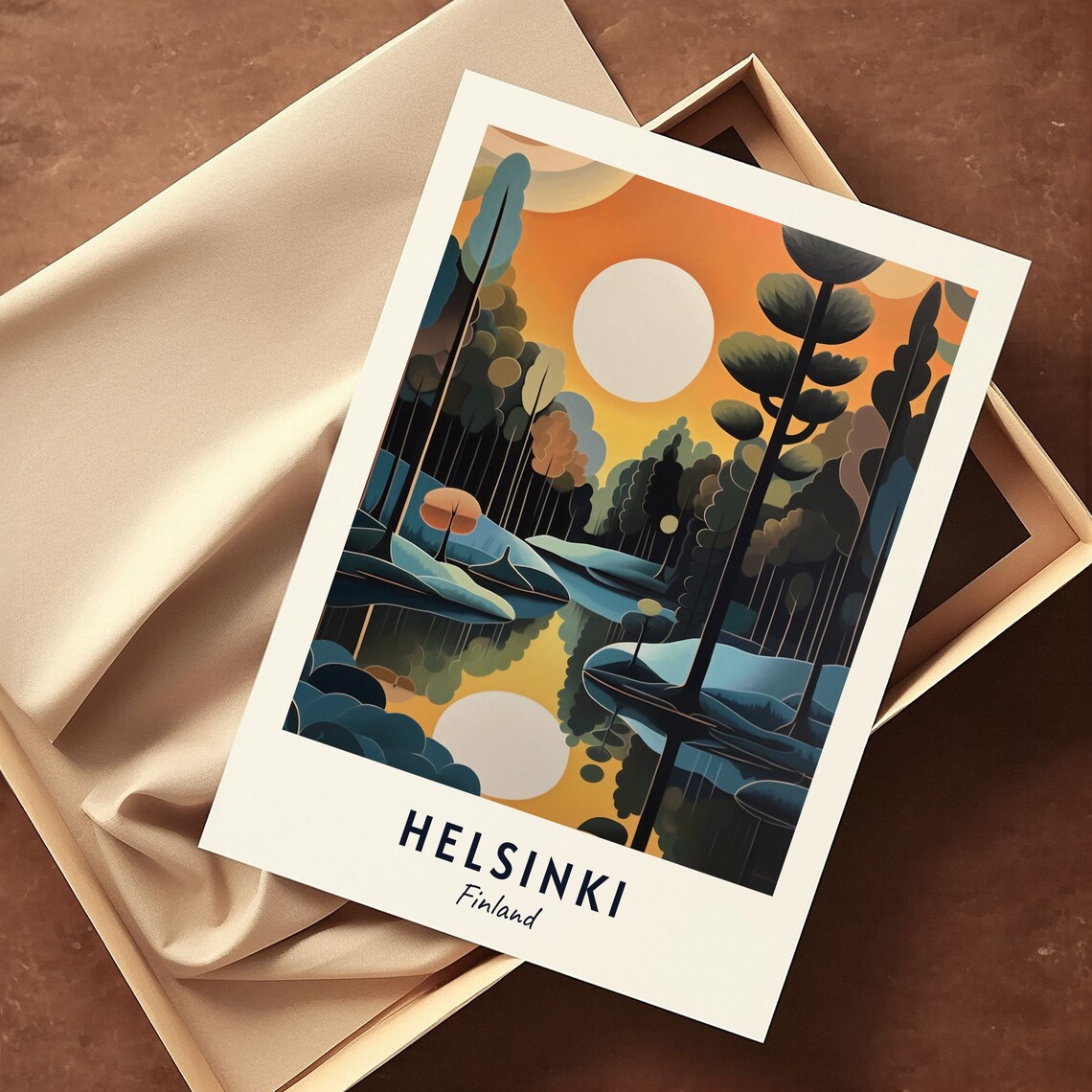 Helsinki Finland Forest Lake Orange Sunset Travel City Poster - Image 3
