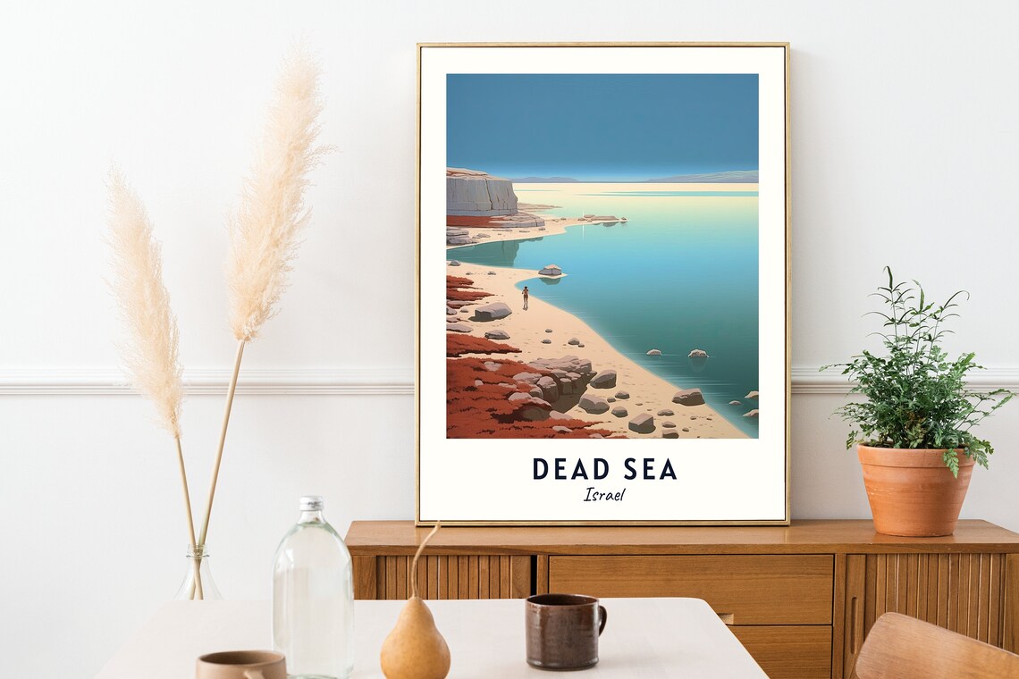 Dead Sea Israel Calm Shore Rocky Beach Lone Figure Travel Poster - Image 2