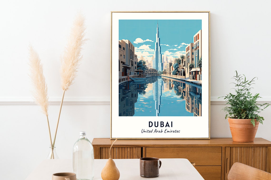 Dubai UAE Burj Khalifa Canal Reflection Travel Poster Artwork - Image 2