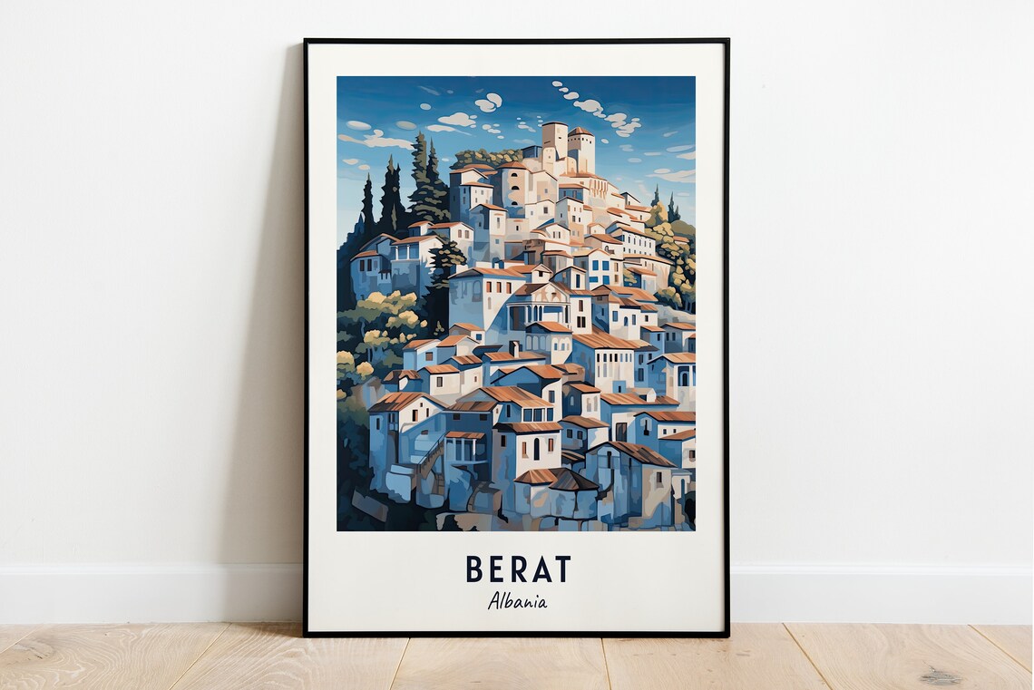 Berat Travel Poster, Albania Cityscape Art Print