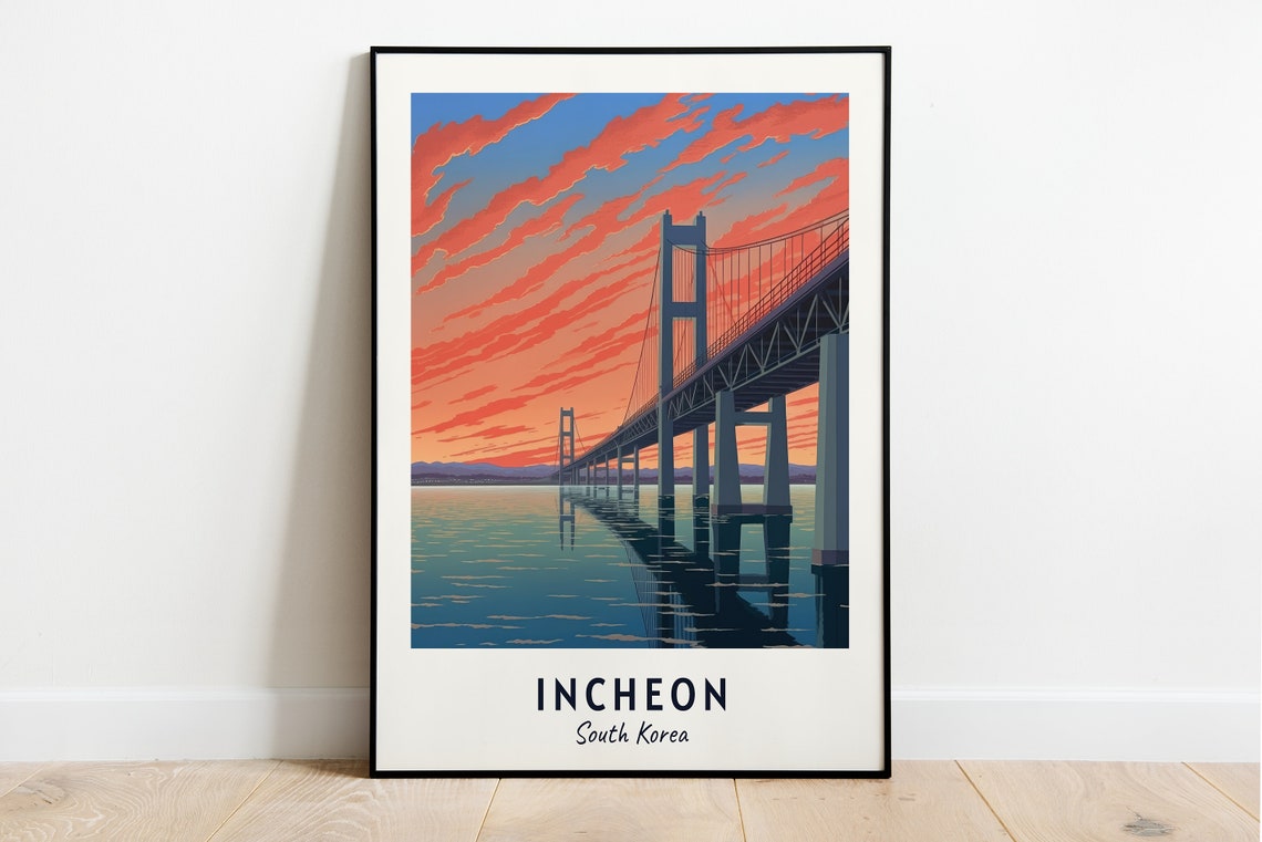 Incheon South Korea Bridge Sunset Reflection Travel Poster Artwork