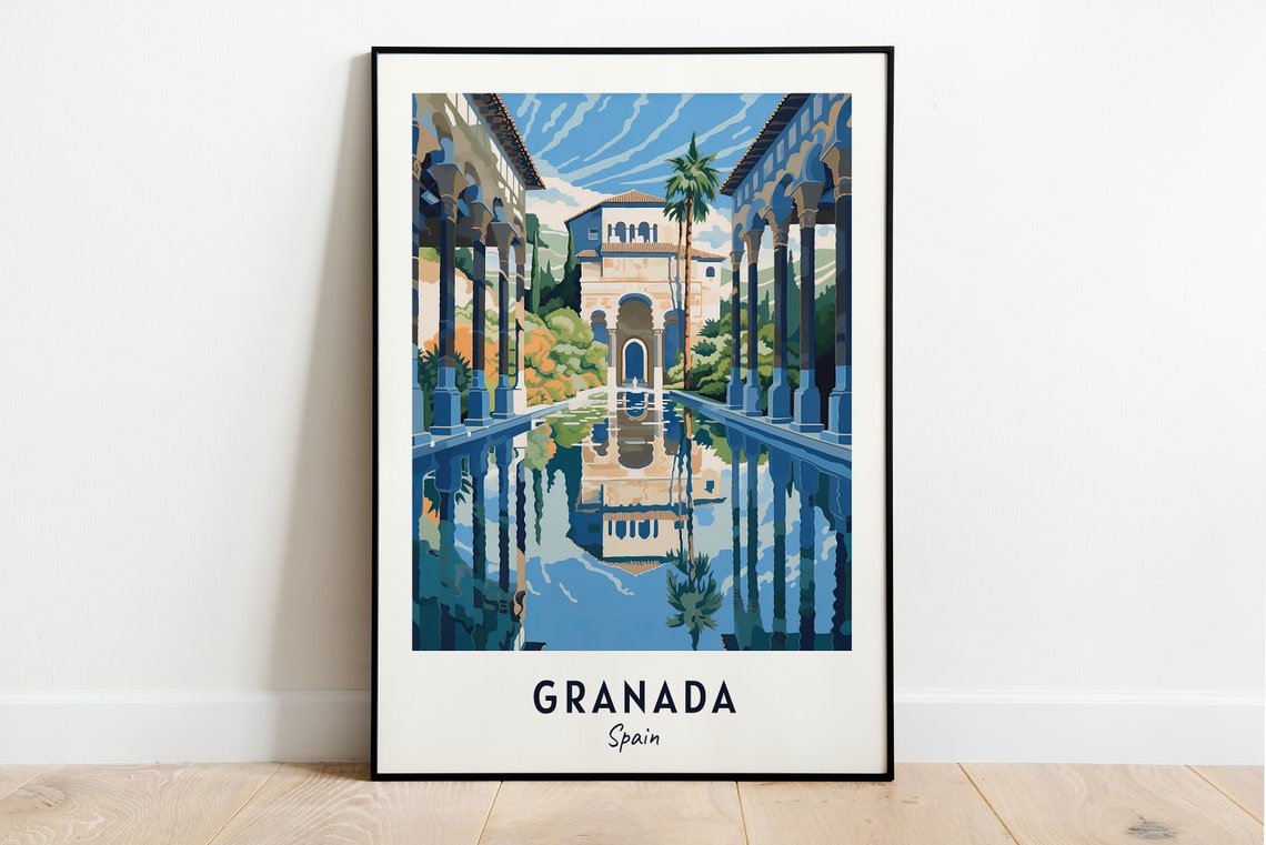Granada Spain Alhambra Palace Courtyard Reflection Pool Travel Poster