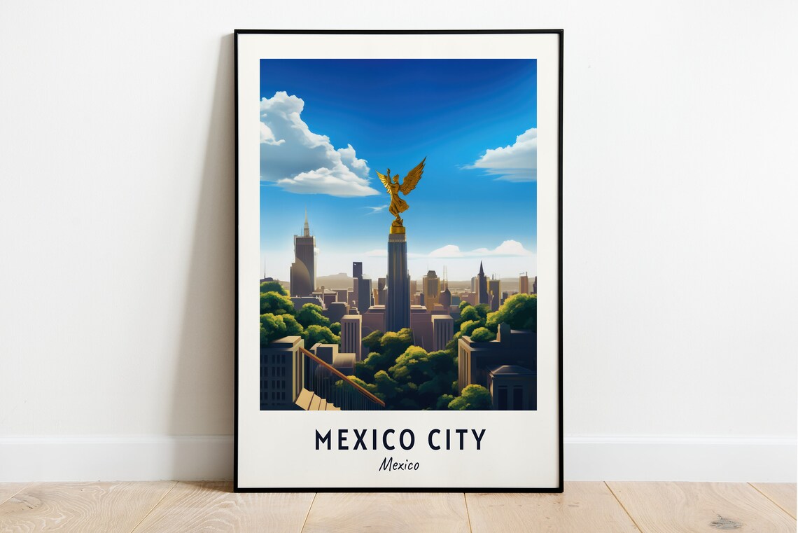 Mexico City Golden Angel of Independence Monument Travel Poster