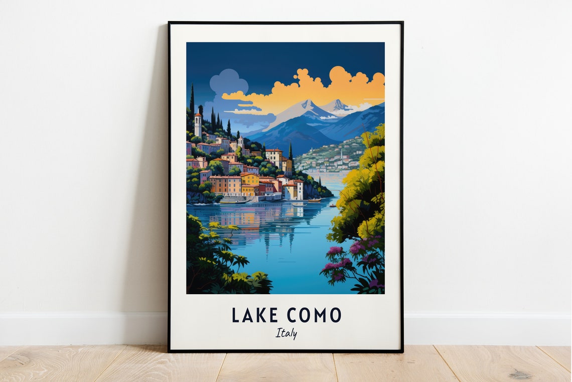 Lake Como Golden Sunset Lakeside Village Scenic Italy Travel Poster