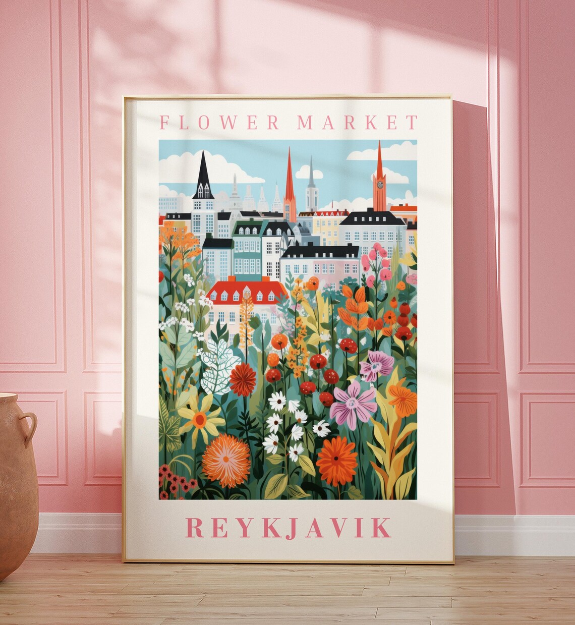 Reykjavik Flower Market Church Spires Wildflower Garden Poster