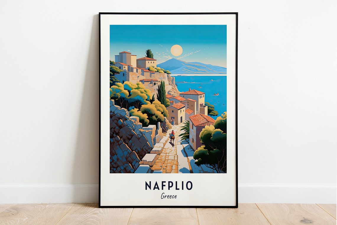 Nafplio Old Town Sunlit Bay Coastline Hills View Travel Poster