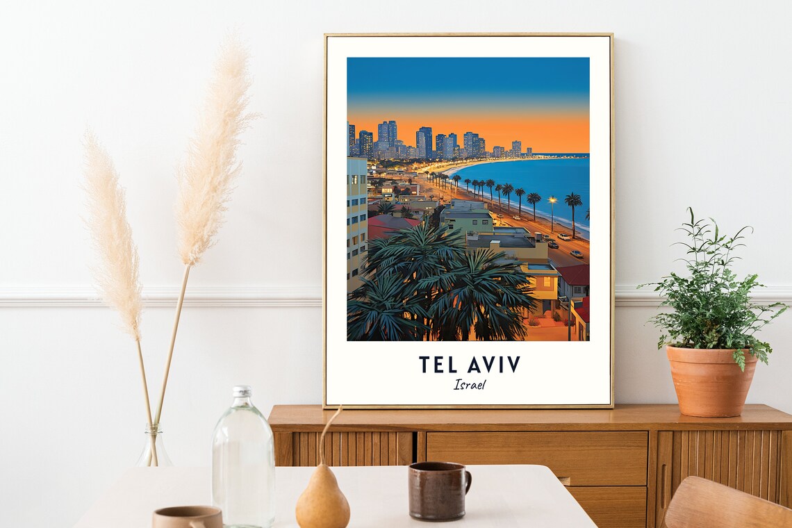 Tel Aviv Israel Coastline Dusk City Lights Mediterranean Travel Poster - Image 2