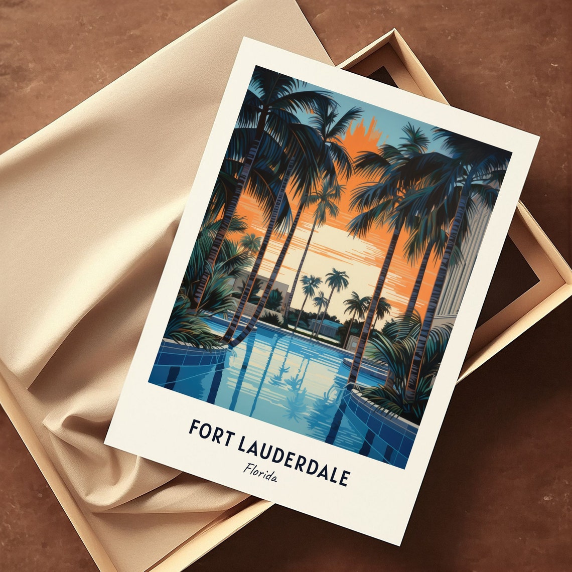 Fort Lauderdale Florida Sunset Pool Reflections Tall Palms Poster - Image 3