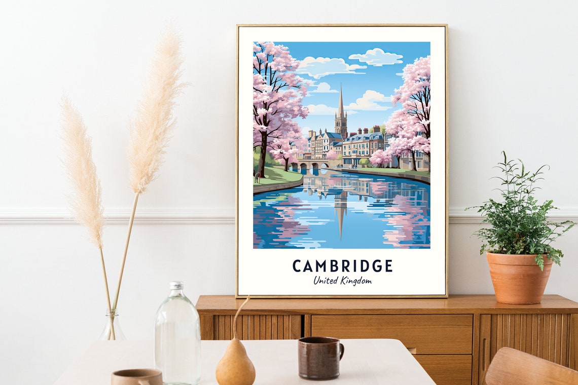 Cambridge United Kingdom Cherry Blossom River Reflections Poster - Image 2