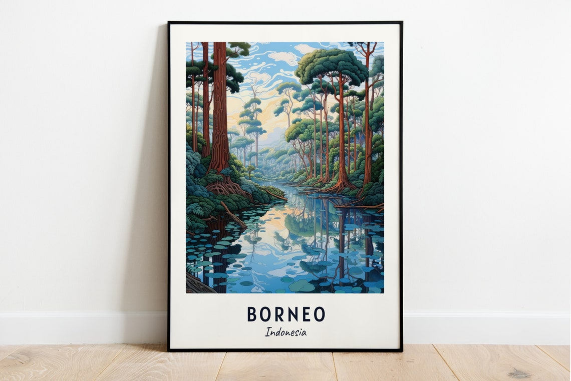 Borneo Rainforest River Mirror Reflections Indonesia Travel Poster