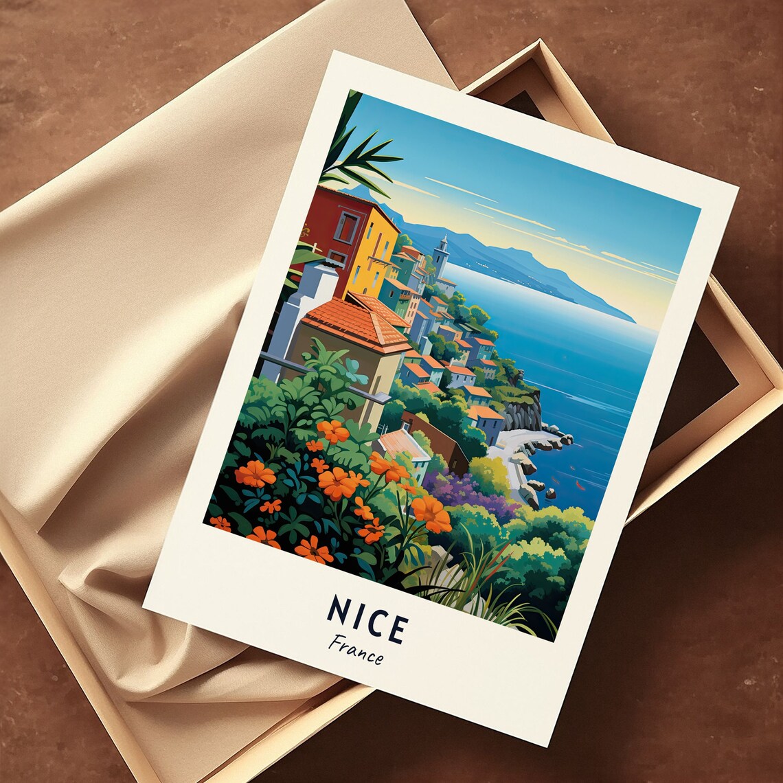 Nice France Riviera Town Cliffside View With Orange Flowers And Sea Poster - Image 3
