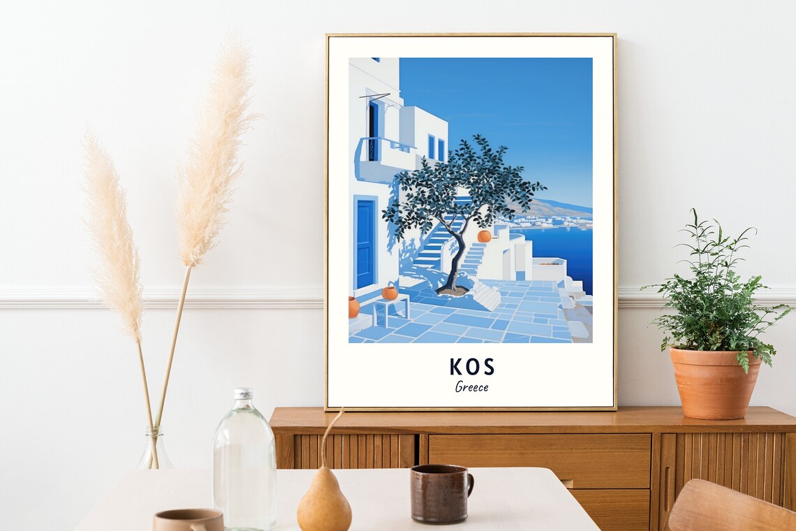 Kos Greece Whitewashed Courtyard Tree Sea View Blue Doors Travel Poster - Image 2
