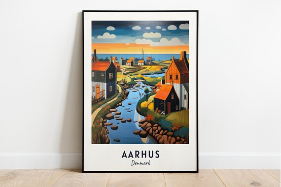Aarhus Coastal Village Orange Roofs Sunset Stream Travel Poster